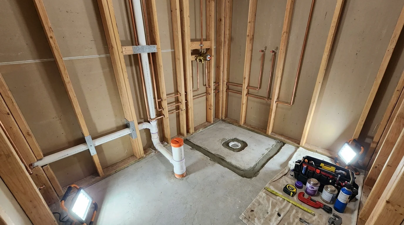 Bathroom rough-in plumbing during remodel by Johns Plumbing LLC in Saint Clair Shores