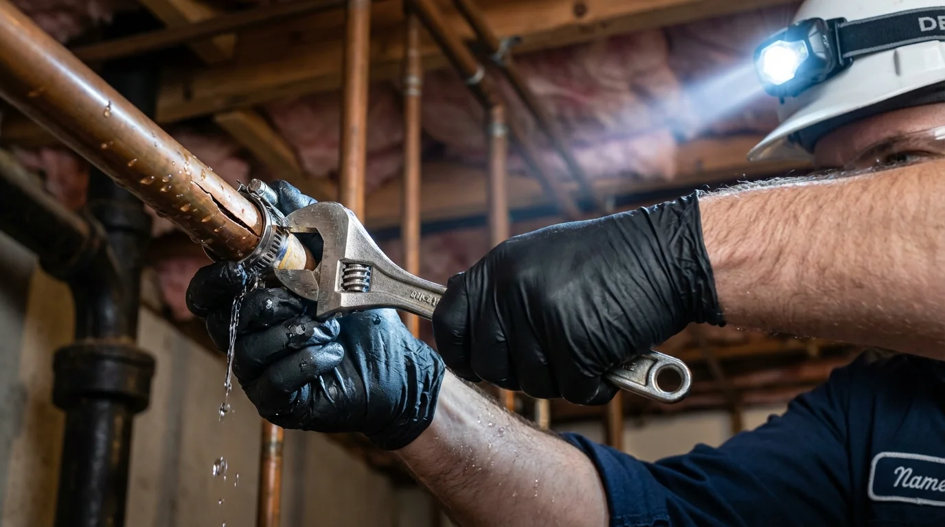 Emergency pipe clamp repair being performed by a Johns Plumbing LLC plumber in Saint Clair Shores