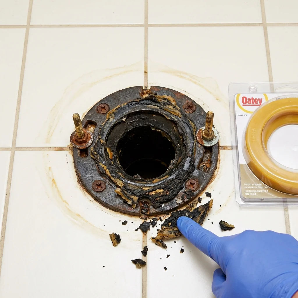 Failed wax ring showing water seepage at the base of a toilet in a Saint Clair Shores, MI home