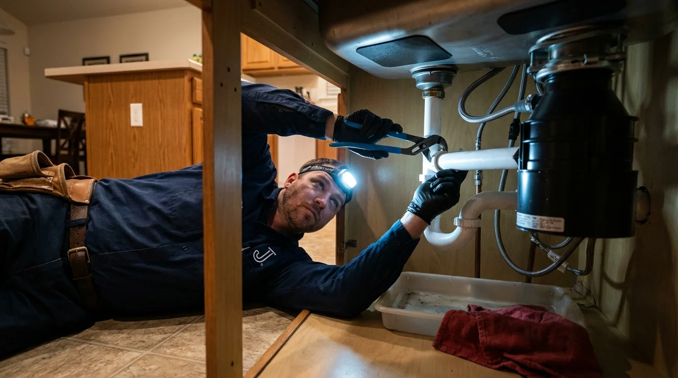 P-trap and supply line connections under a kitchen sink showing a common leak point in Saint Clair Shores, MI